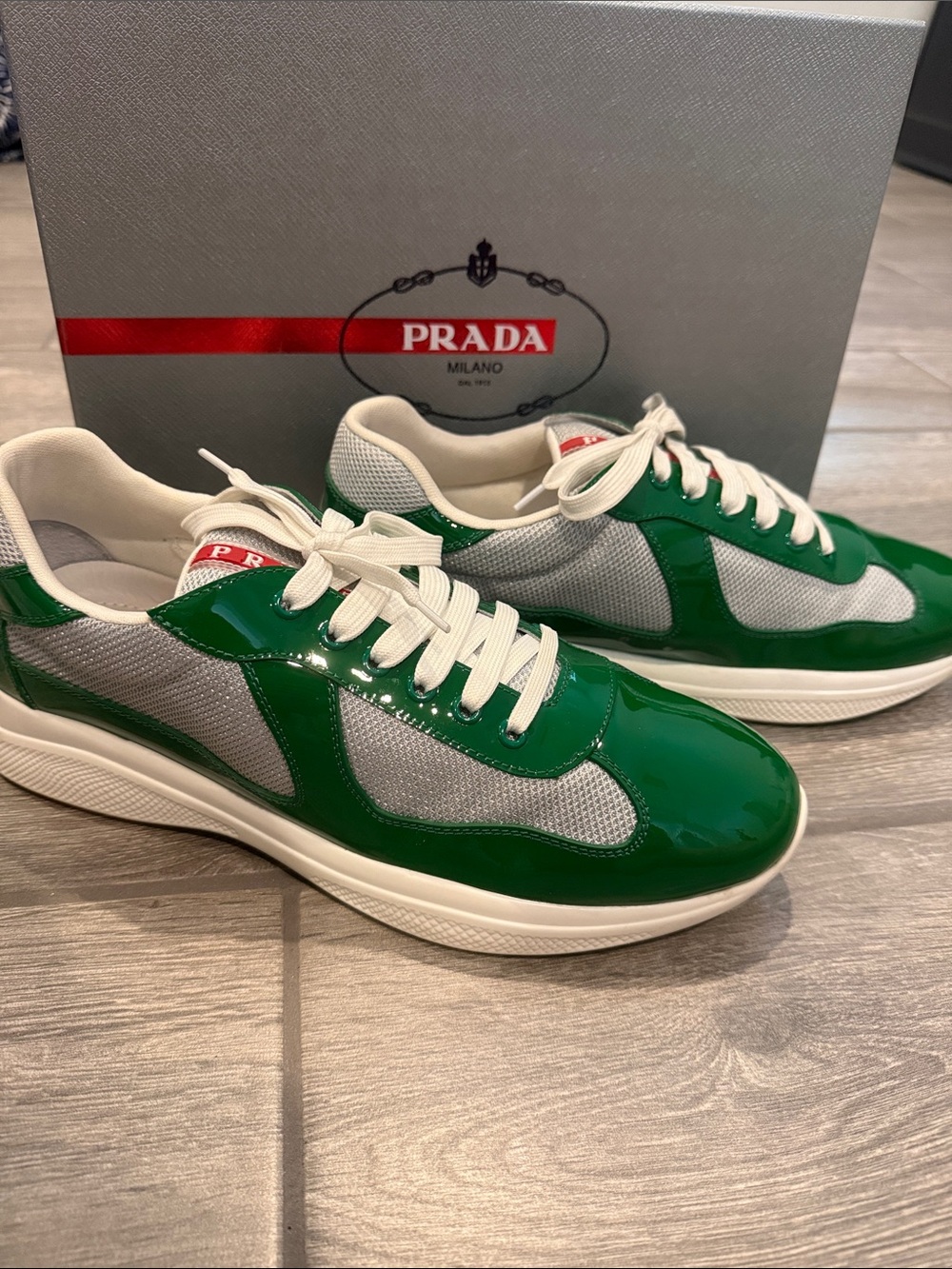 Prada Men’s Green Patent & White Mesh Low-Top Sneakers